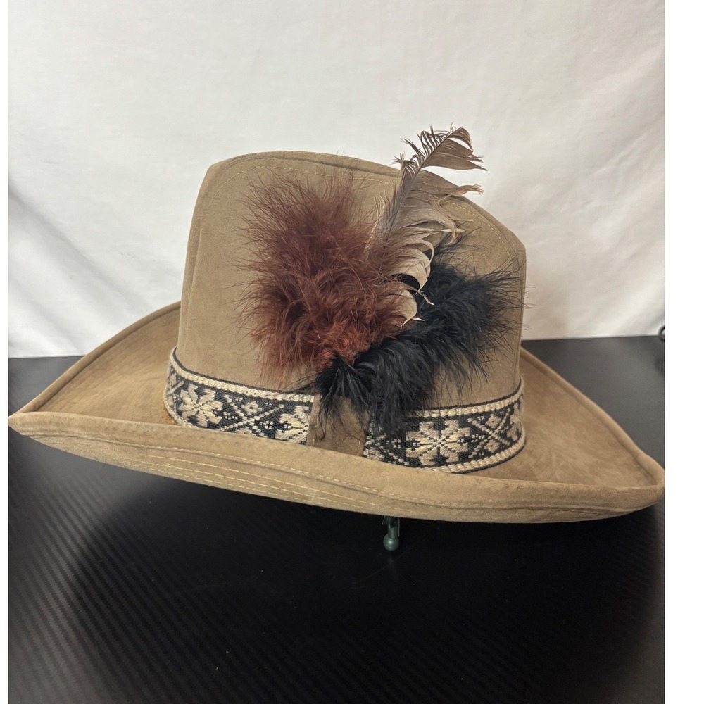 Vintage The Rustler Tan Faux Suede Cowboy Hat Feather Woven Large Stagecoach